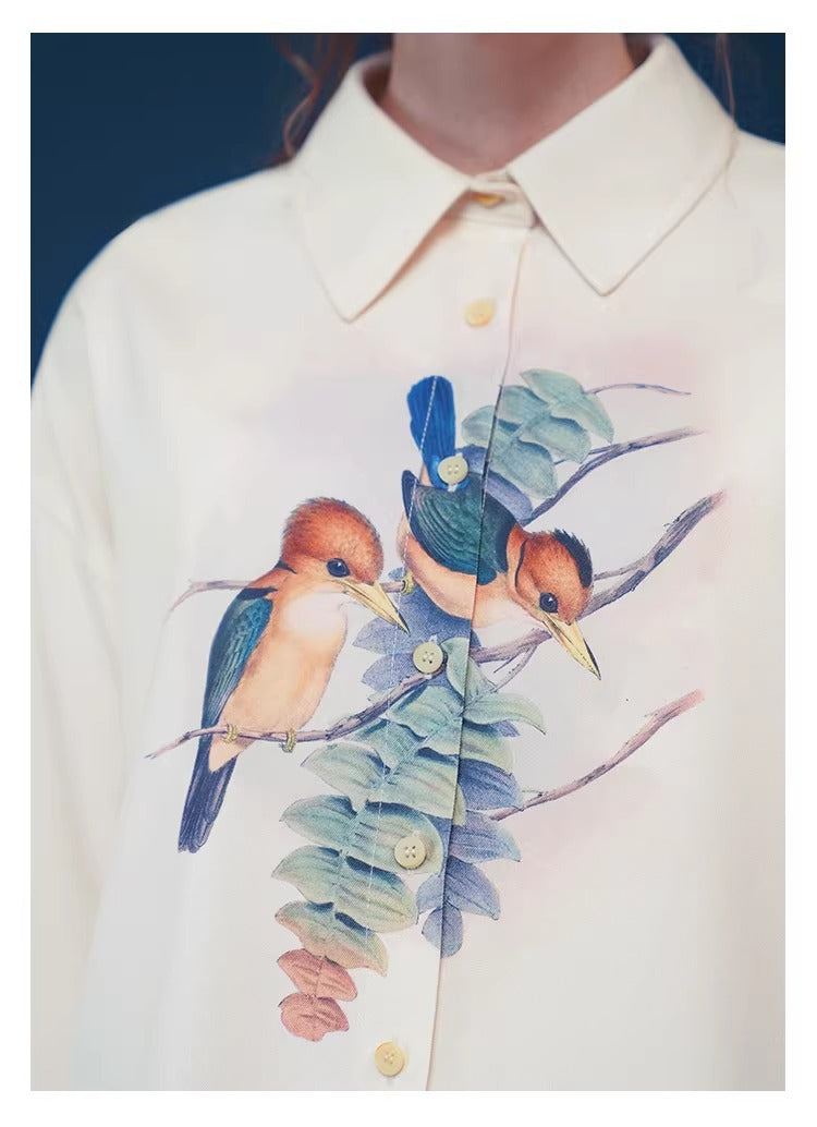 Retro Bird Print Oversize Shirt
