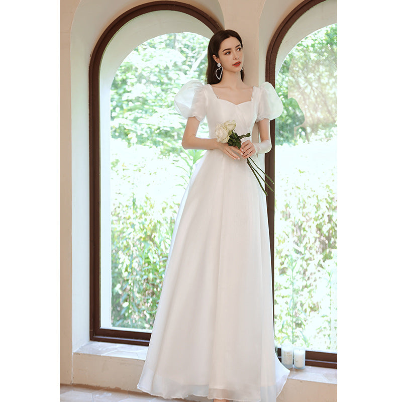 Retro Puff Sleeves Bow Tie Embellished Bridal Dress