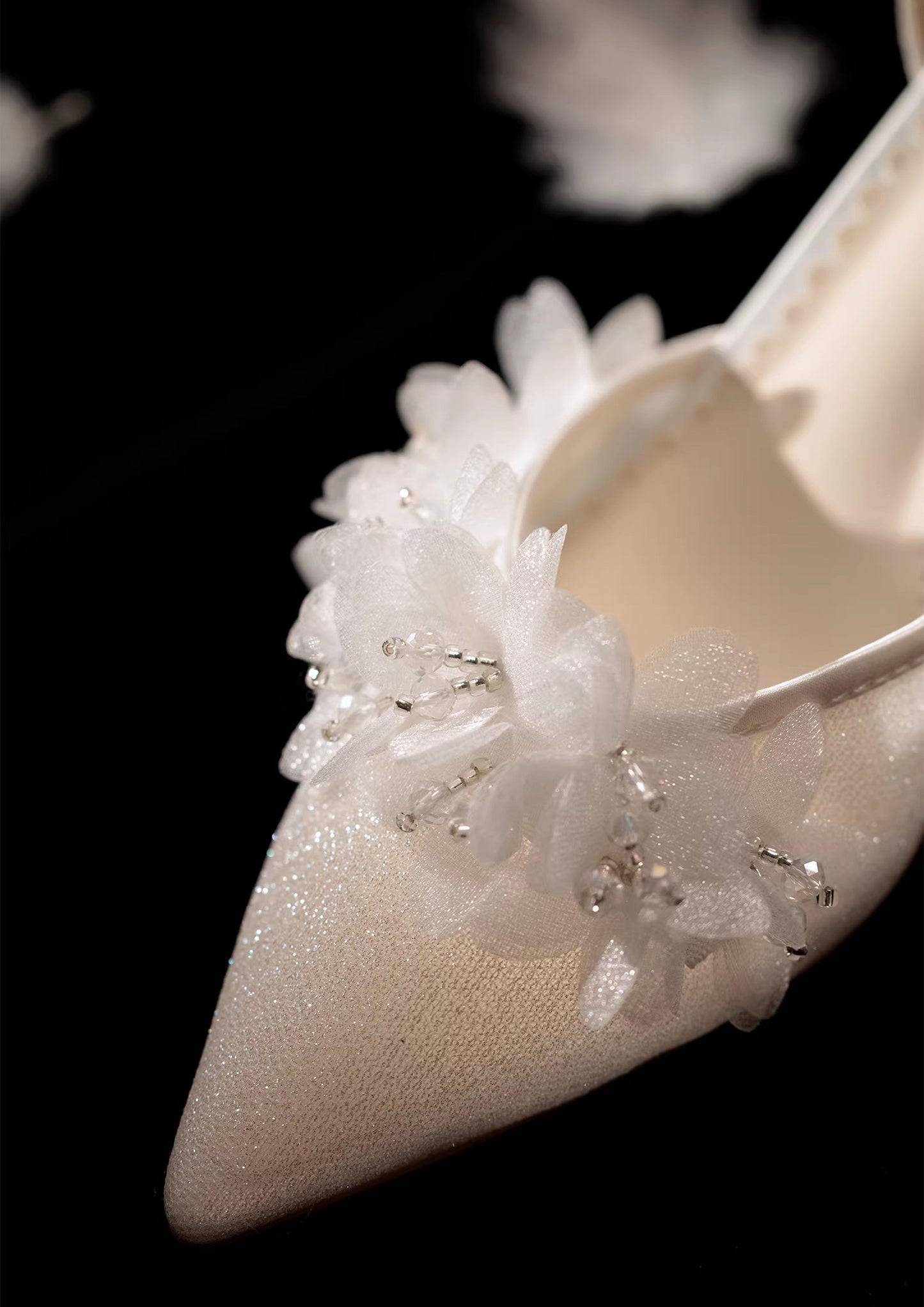 Dreamy Flower Embellished Shimmering Pointed Toe Heels