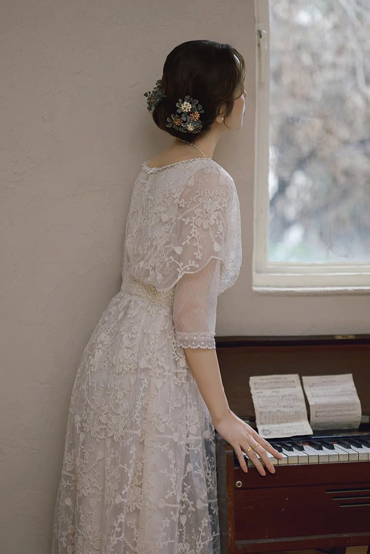 Downtown Abbey Style Embroidered Lace Cape Dress