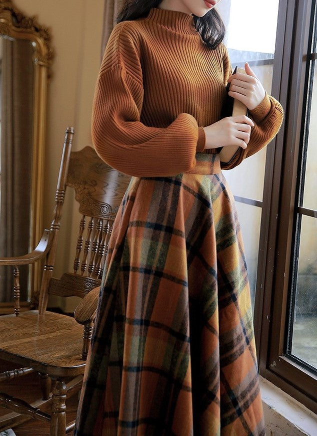 Outfit Grey Plaid Skirt 70s Retro Style Knit Top Plaid Skirt Set