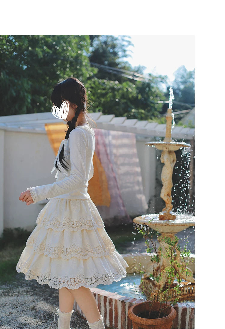 Vintage Knit top Lace Cake Skirt Set