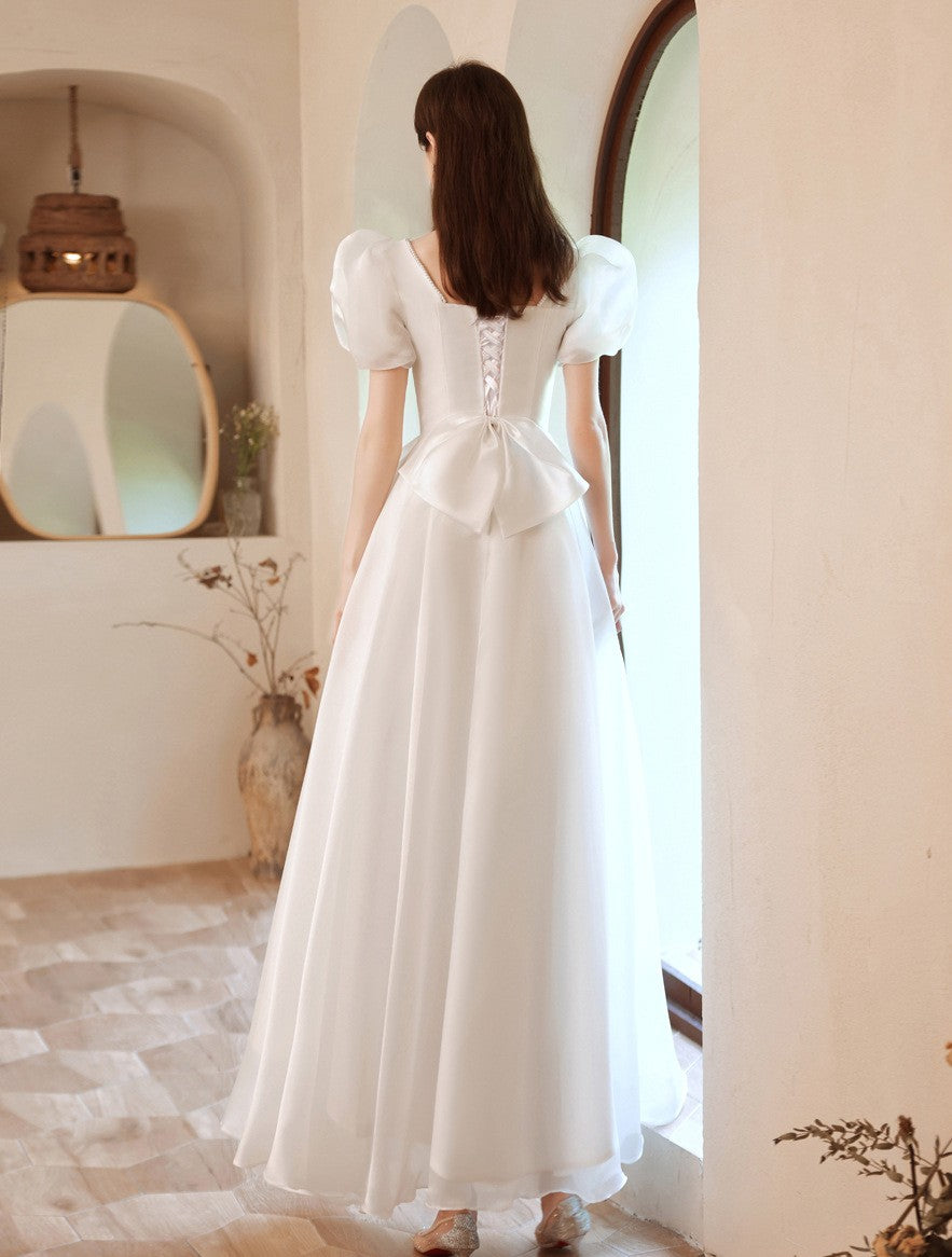 Retro Puff Sleeves Bow Tie Embellished Bridal Dress