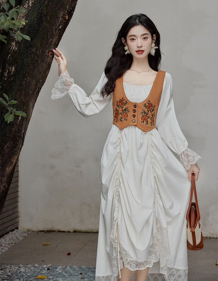 Floral Embroidered Vest White Dress Set Floral Embroidered Vest White Dress Set