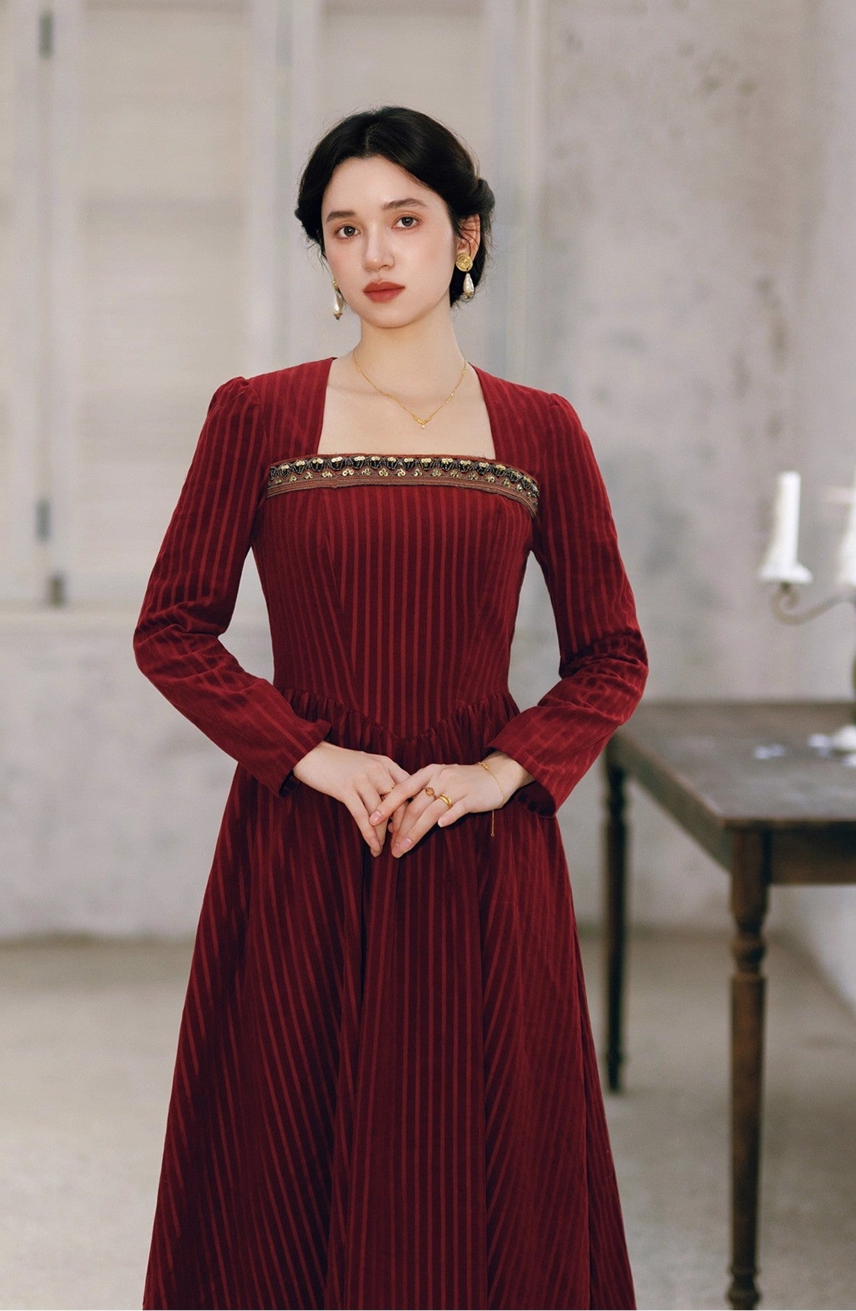 Retro Court Square neck beaded corduroy Dress