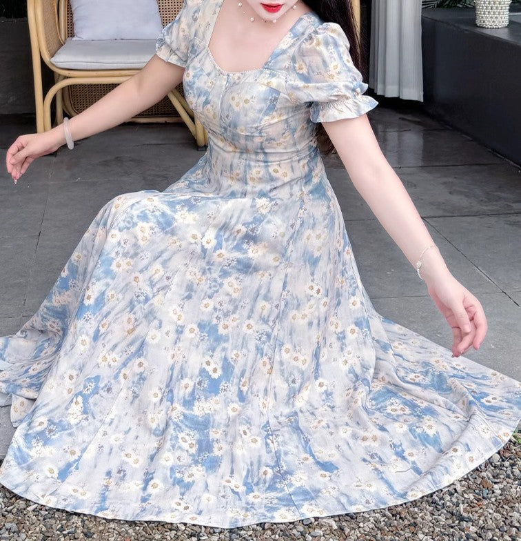 Retro Floral Puff Sleeves Dress [Extended Sizes]