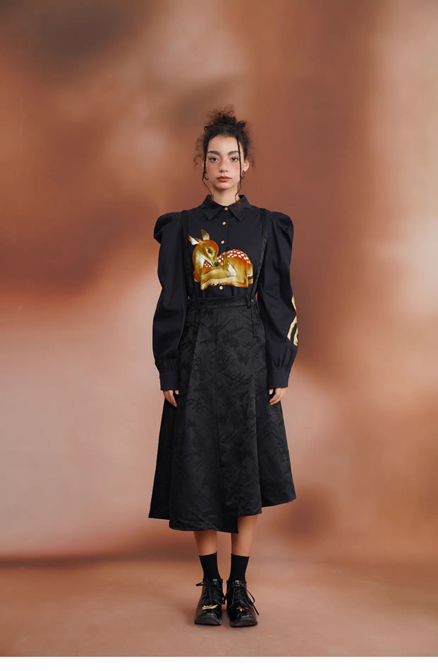 Deer Print Puff Sleeves Blouse Top