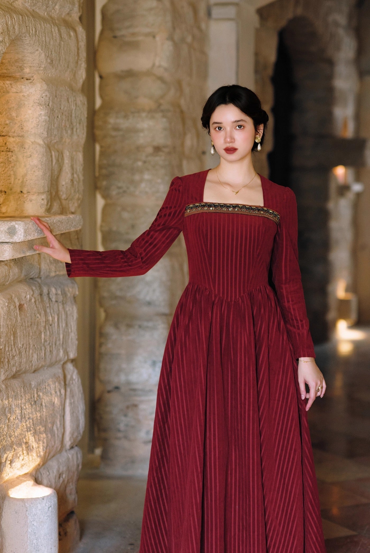 Retro Court Square neck beaded corduroy Dress