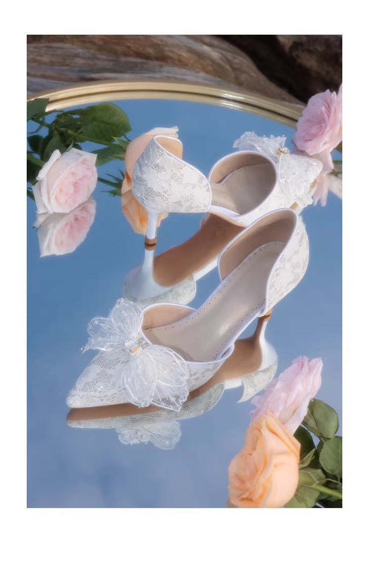 Dreamy Lace Bow Tie Pointed Toe Heels