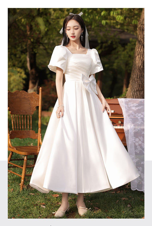 Retro Parisian Puff Sleeves Bow Tie Bridal Gown