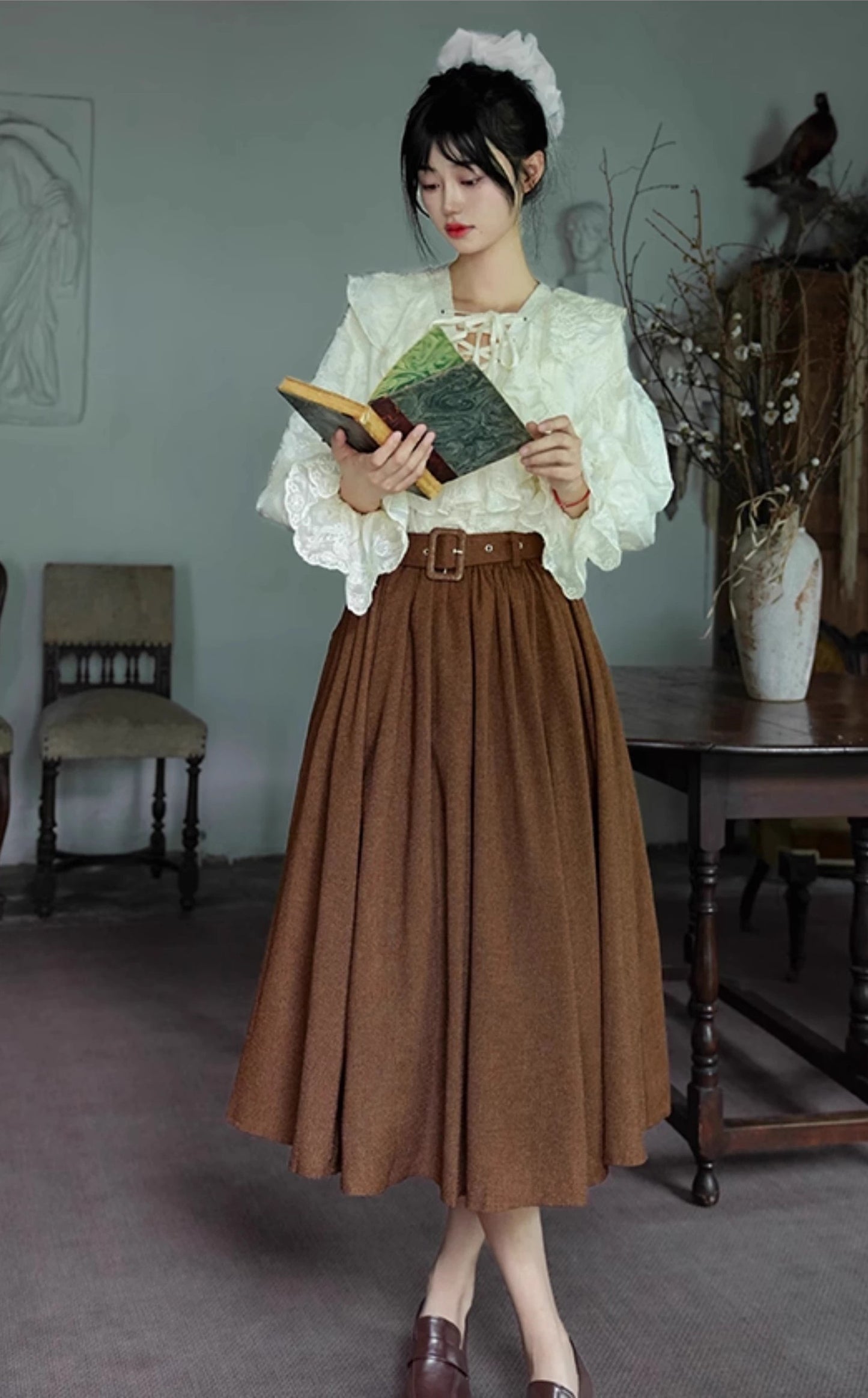 Light Academia Ruffled Blouse & Belted Skirt