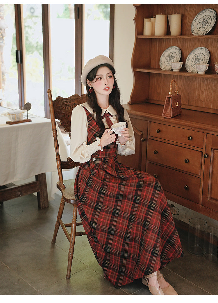Retro Academia Tartan Blouse Pinafore Dress Set