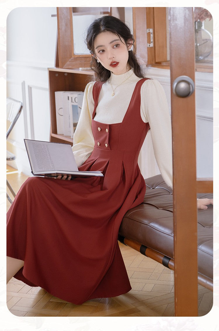 Retro librarian Knit top Pinafore Dress Set M / Pinafore Dress Only