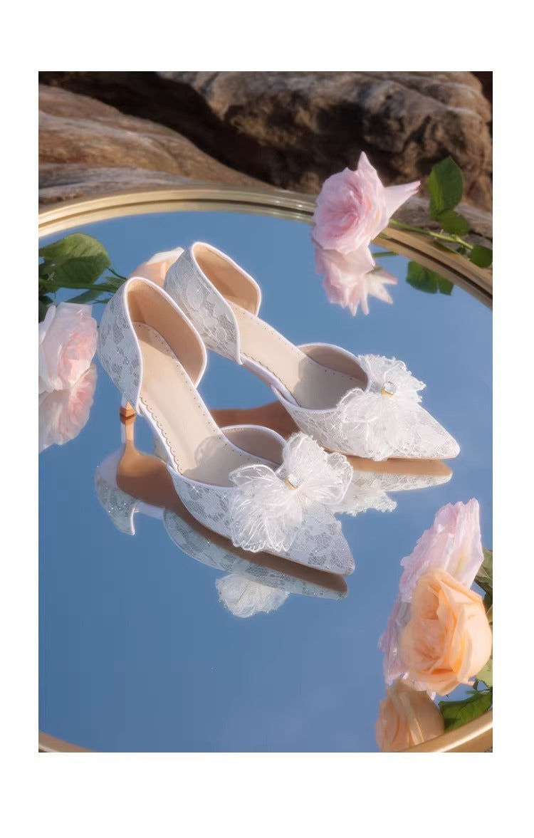 Dreamy Lace Bow Tie Pointed Toe Heels