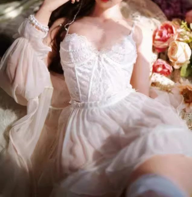 Vintage Bridal Lace Lingerie Set with Pearl Chain
