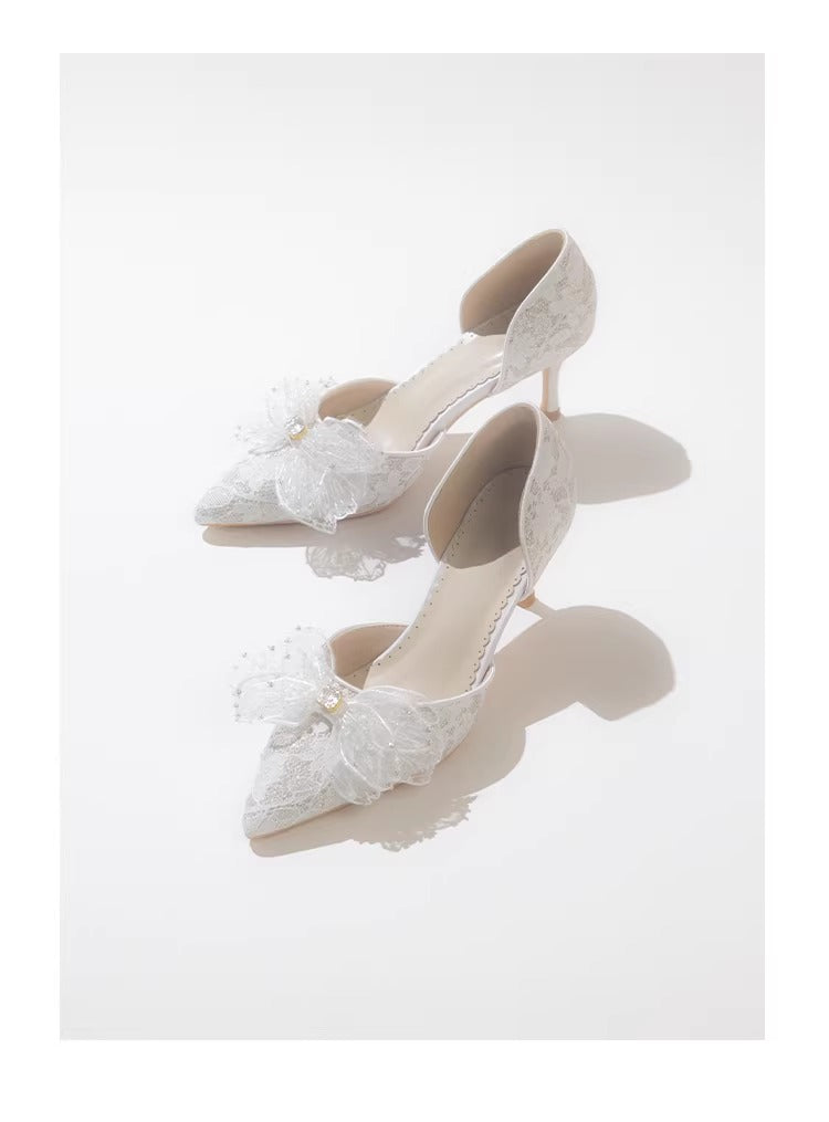 Dreamy Lace Bow Tie Pointed Toe Heels