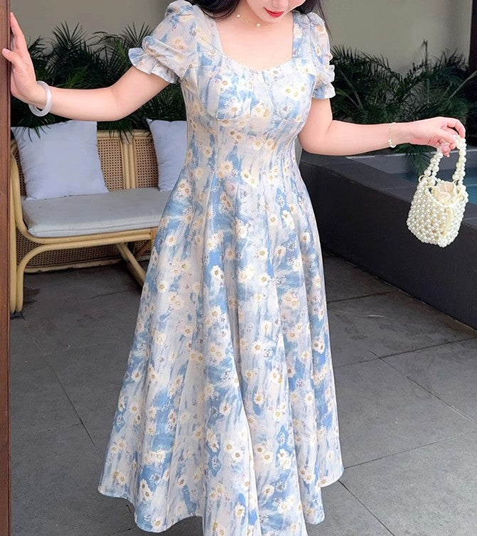 Retro Floral Puff Sleeves Dress [Extended Sizes]
