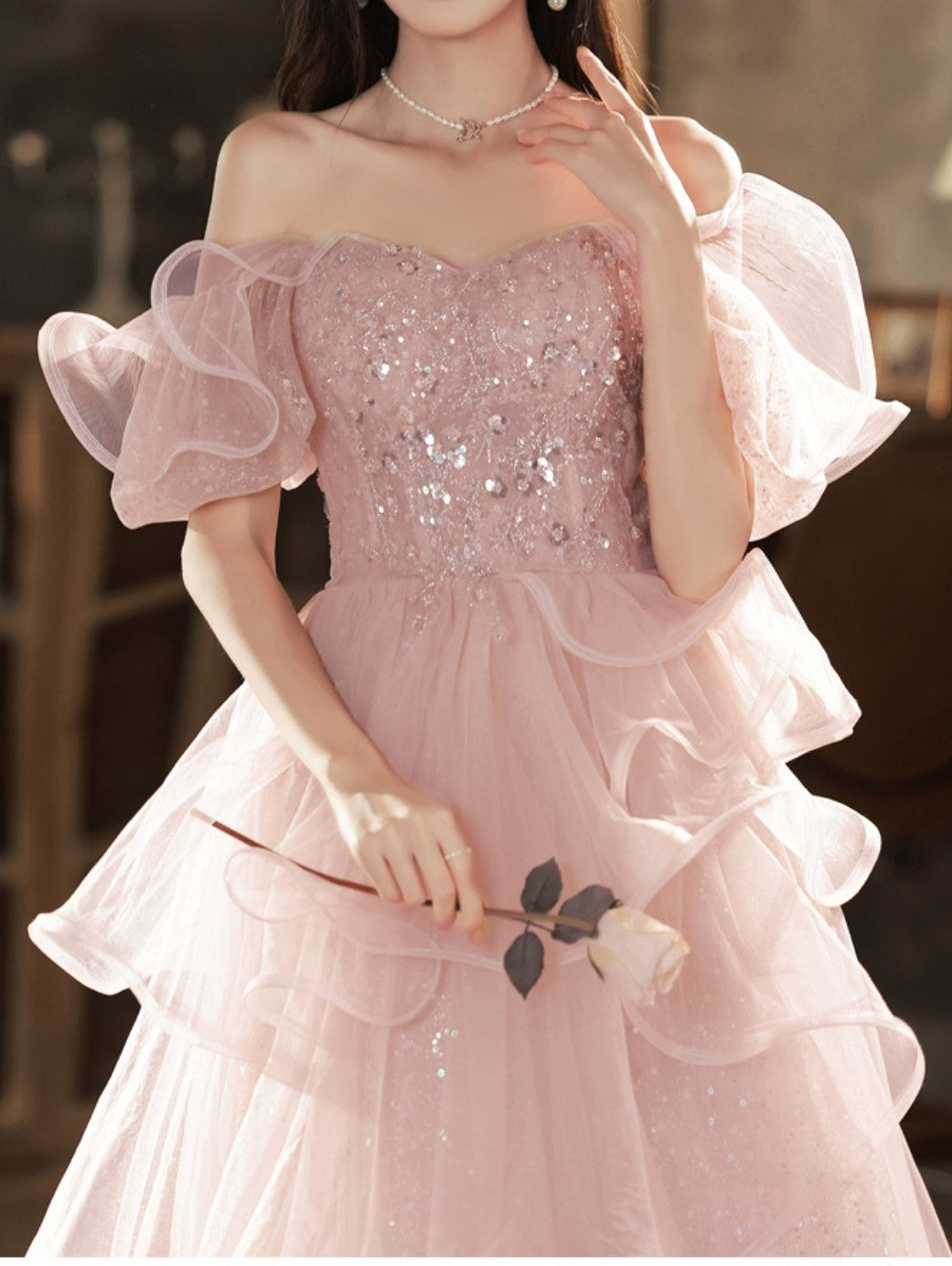 Pink Sequin Embellished Princess Prom Gown Elegant Evening