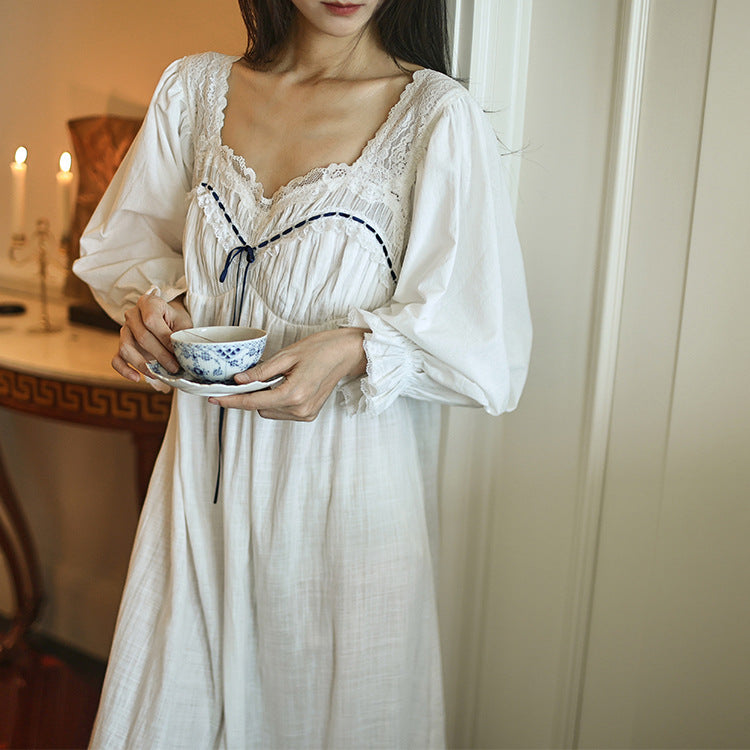 Vintage Style Puff Sleeves Cotton Night Gown Dress M