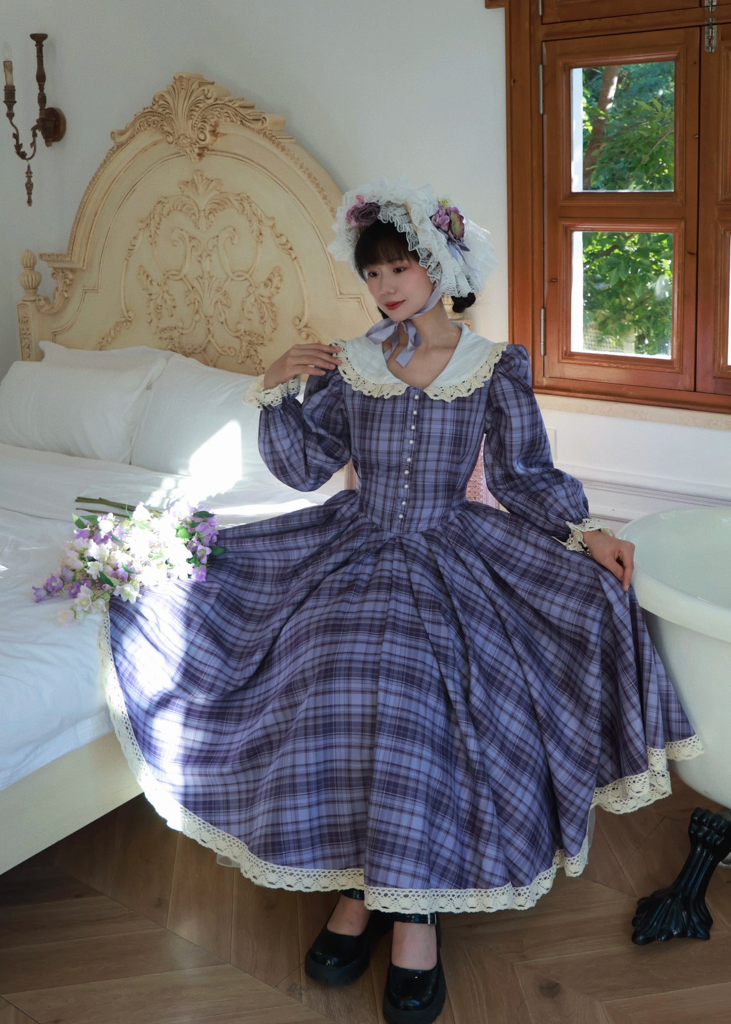 1970s Tartan Puff Sleeves Picnic Dress （Customizable）