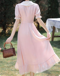 Retro Cottagecore Embroidery Pink Dress