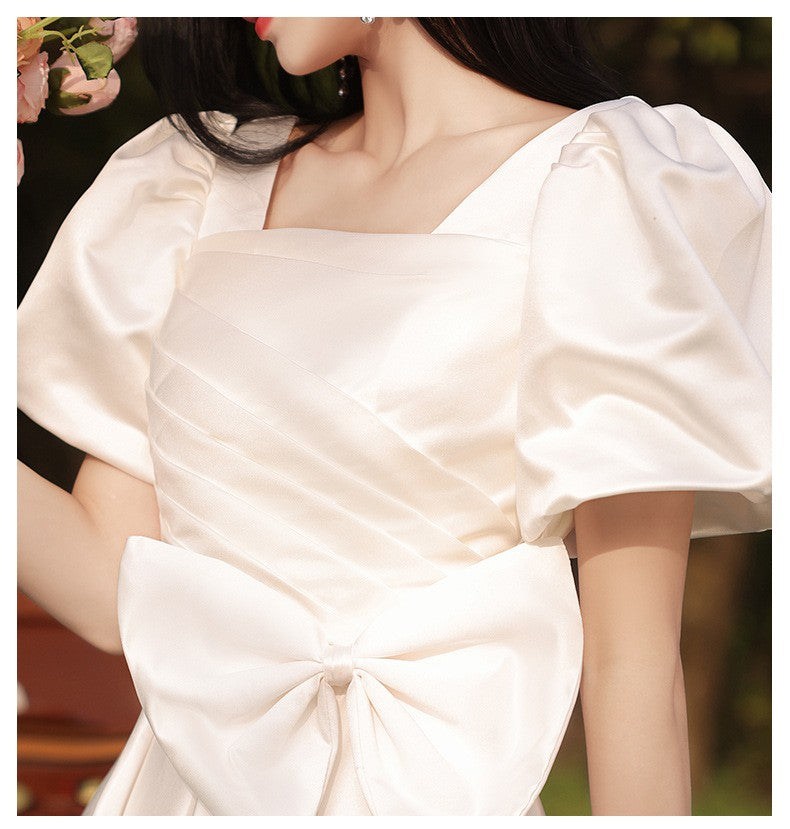 Retro Parisian Puff Sleeves Bow Tie Bridal Gown