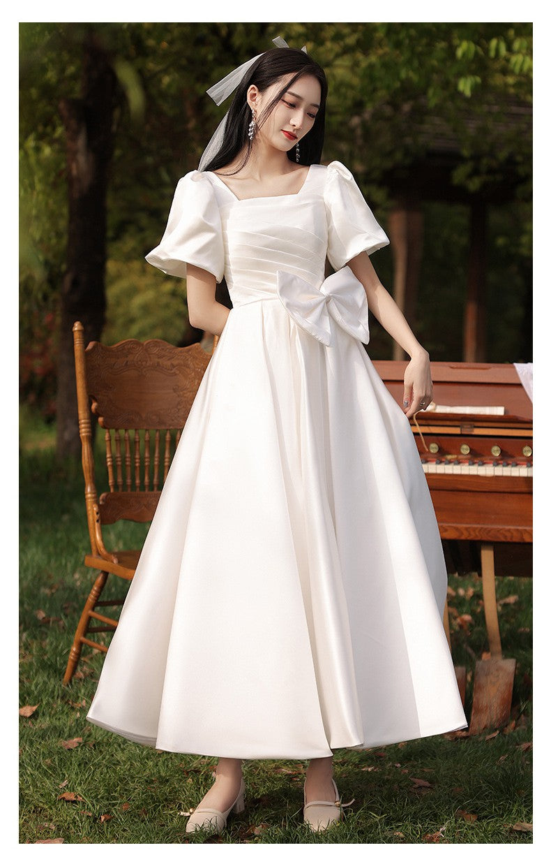 Retro Parisian Puff Sleeves Bow Tie Bridal Gown