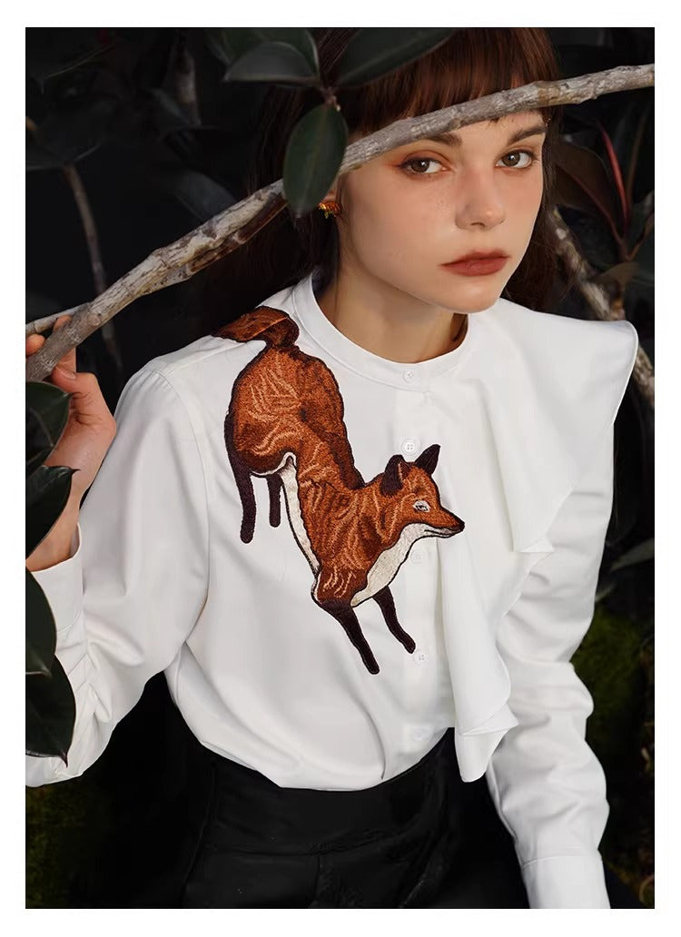 Cottagecore Fox Embroidery Ruffled Blouse – Retro Fairy
