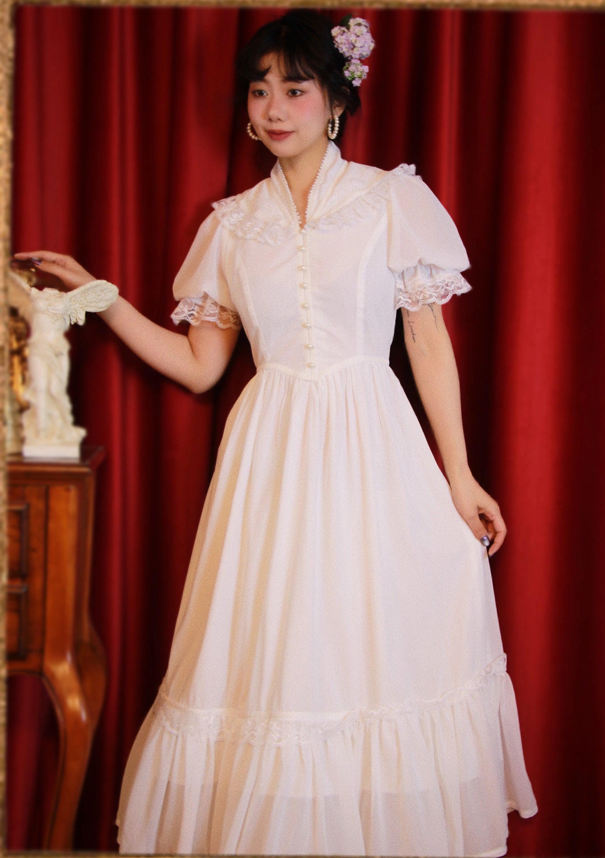 Vintage 70s Gunne sax Style V Neck Puff Sleeves Dress S / White I Retro Fairy Vintage 70s Gunne sax Style V Neck Puff Sleeves Dress S / White I Retro Fairy