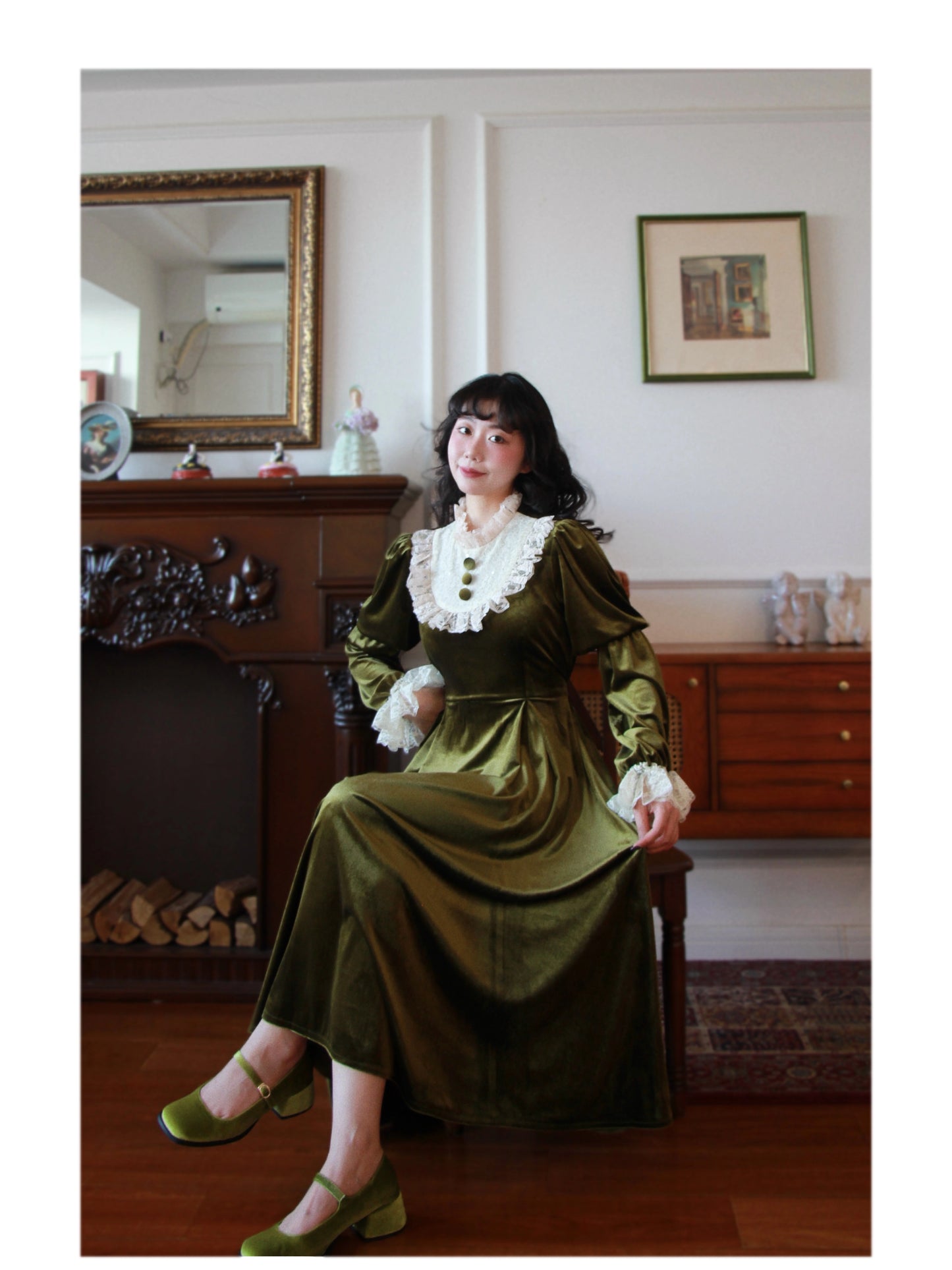 Vintage 30s Lace Stitched Velvet Dress