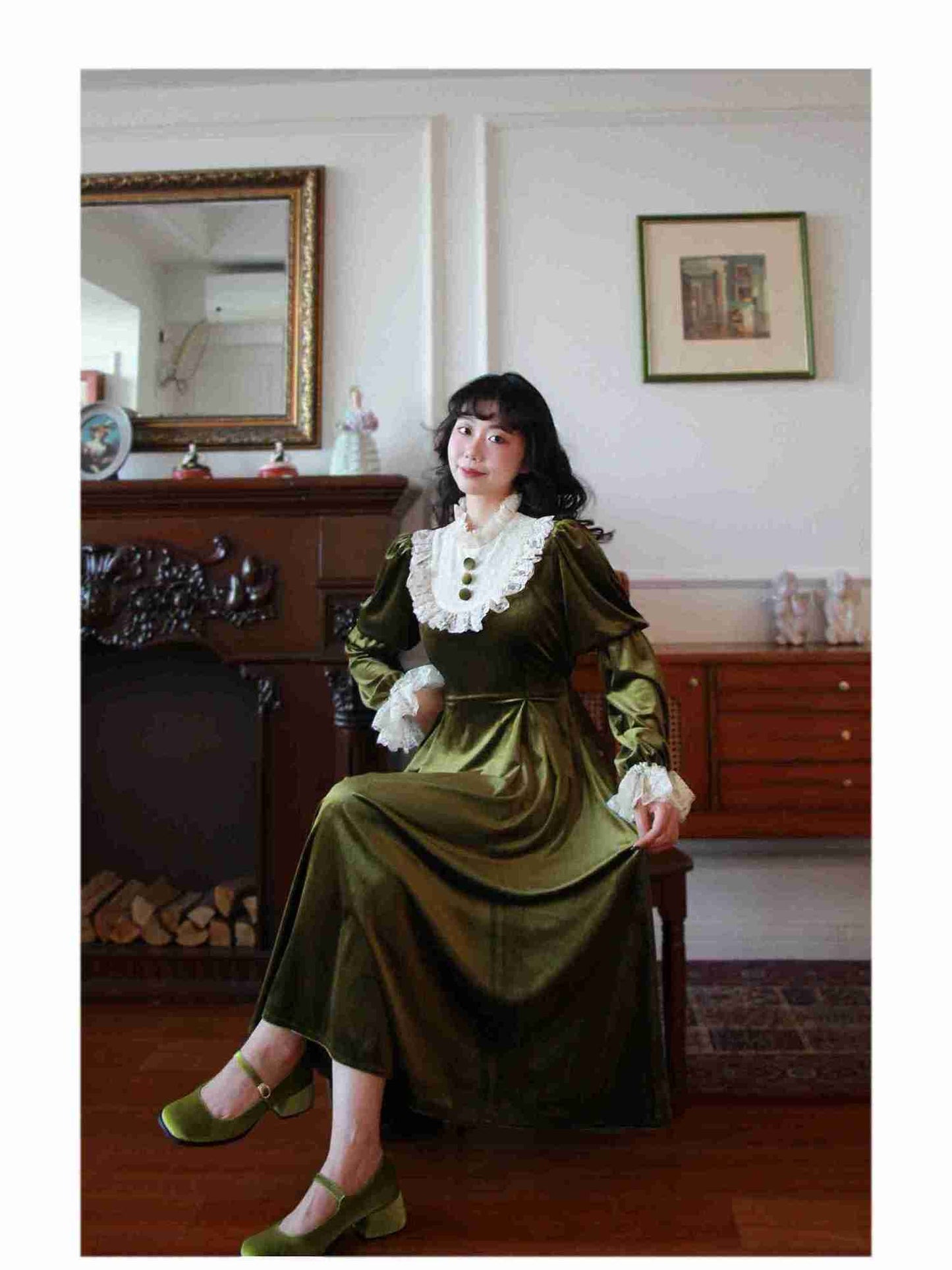 Vintage 30s Lace Stitched Velvet Dress