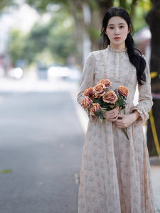 1900S Stand Color Floral Vintage Dress