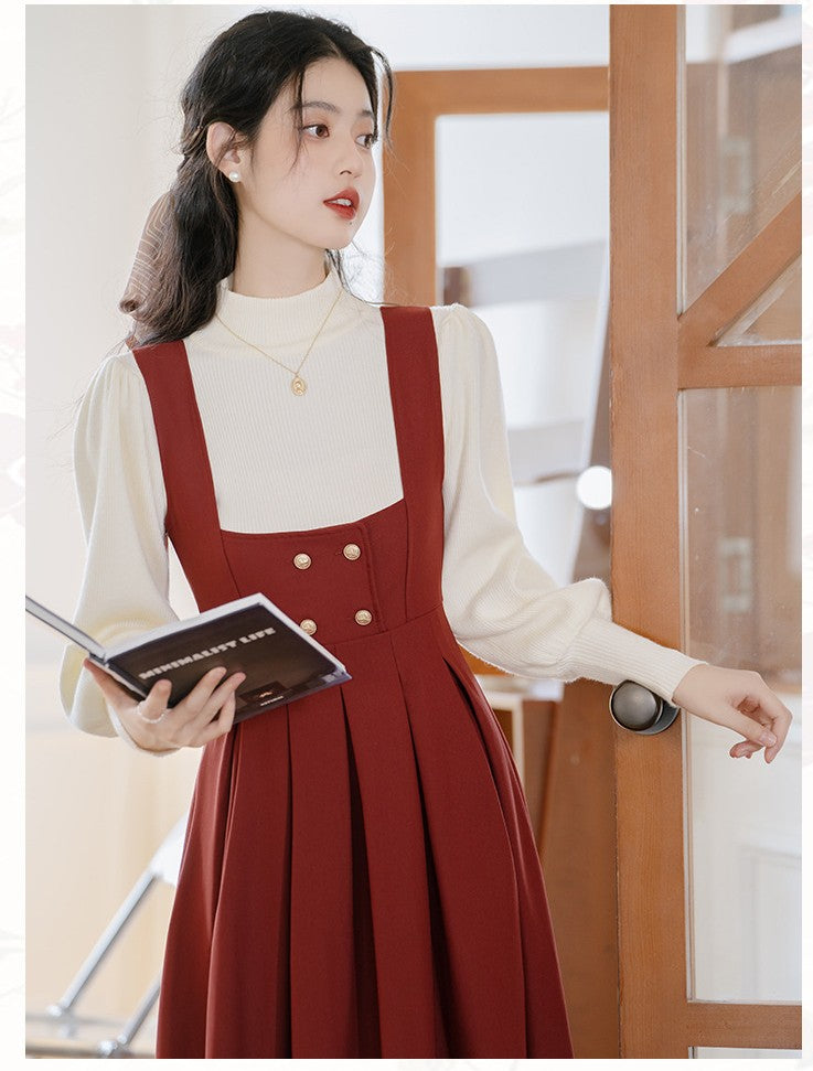 Retro librarian Knit top Pinafore Dress Set