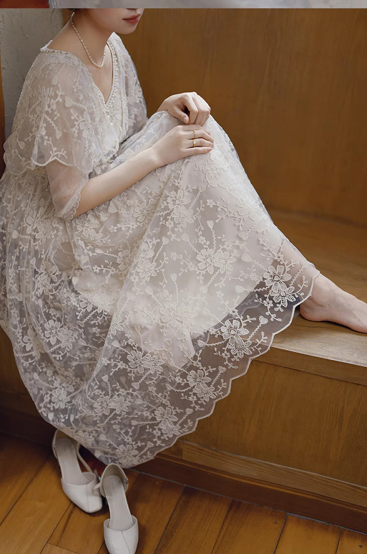 Downtown Abbey Style Embroidered Lace Cape Dress