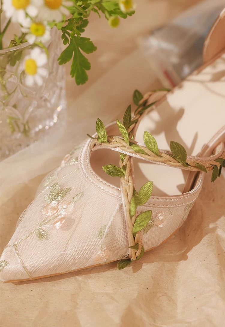 Fairycore Vine Embroidery Kitten Heel Shoes
