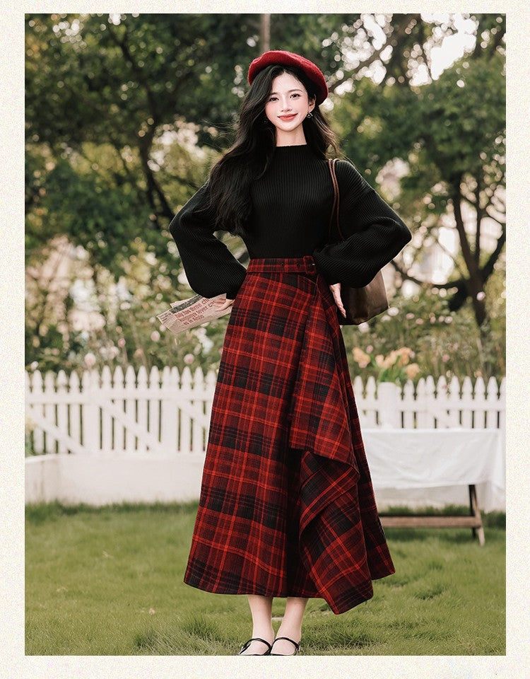 Dark Academia Knit top & Plaid Skirt Set