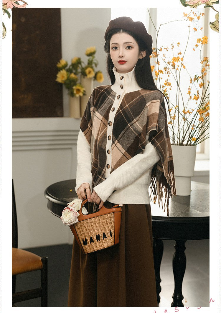 Retro Academia Plaid Cape Top & Skirt Set