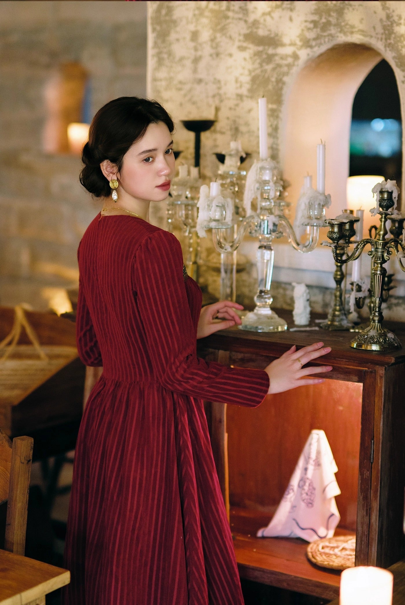 Retro Court Square neck beaded corduroy Dress