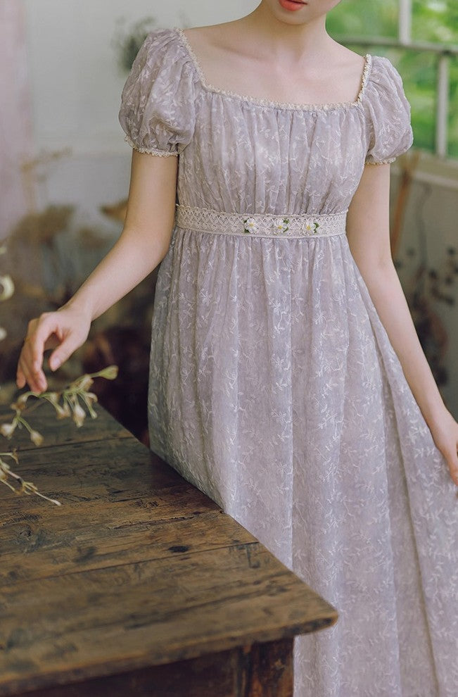 Regency Puff Sleeves Embroidery Dress