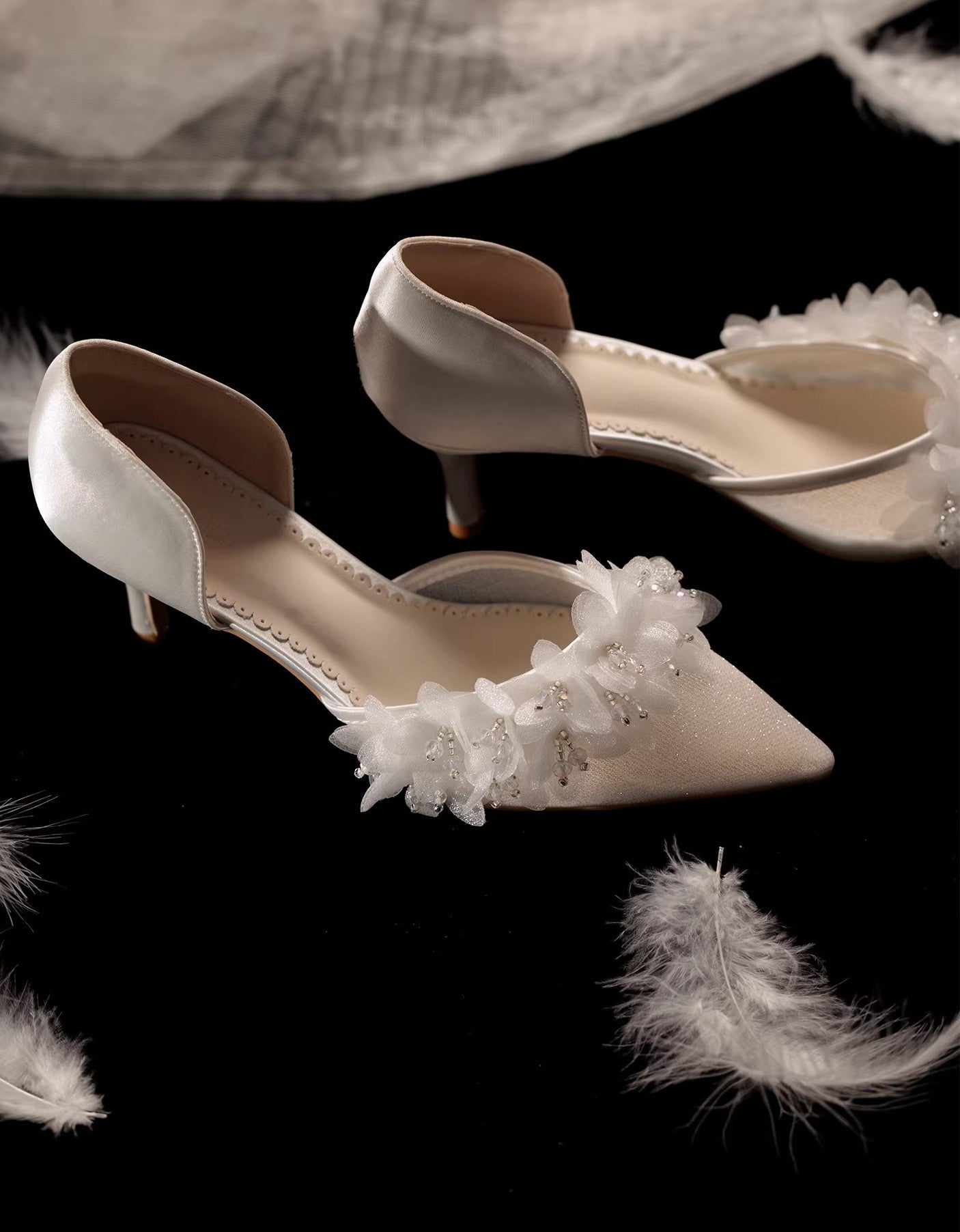 Dreamy Flower Embellished Shimmering Pointed Toe Heels