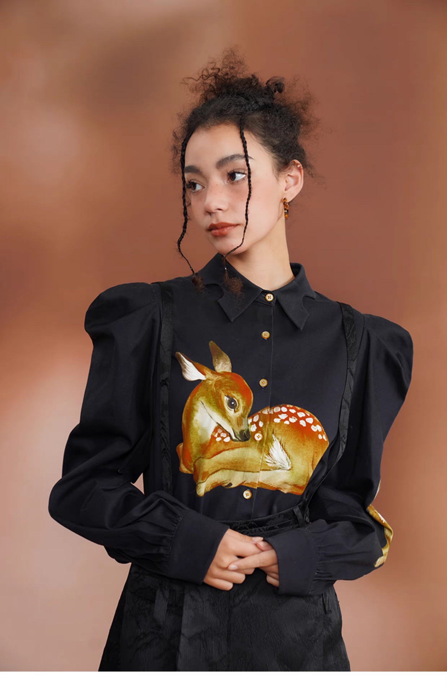 Deer Print Puff Sleeves Blouse Top