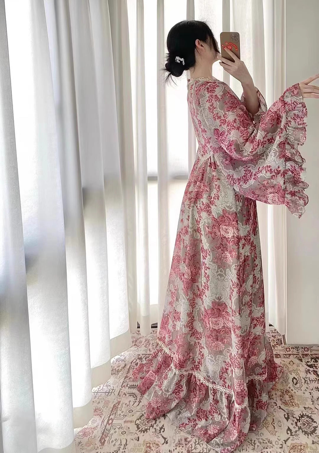 Gunne Sax Remake Floral Trumpet Sleeves Dress – Retro Fairy