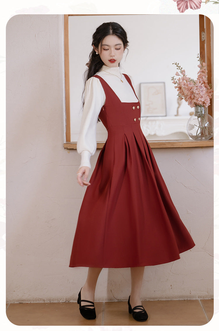 Retro librarian Knit top Pinafore Dress Set