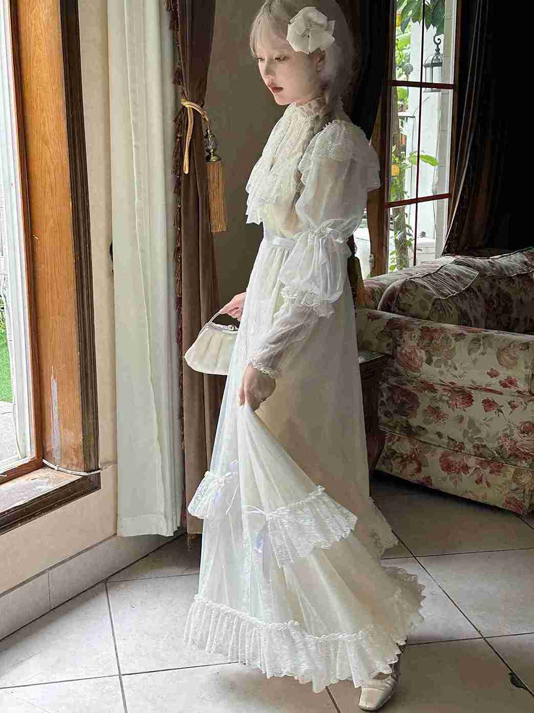 1900s Lace Panel Stand Collar Princess Dress Maxi / L I Retro Fairy 1900s Lace Panel Stand Collar Princess Dress Maxi / L I Retro Fairy