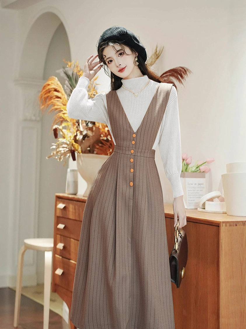 Retro Parisian Knit Top & Pinafore Dress Set