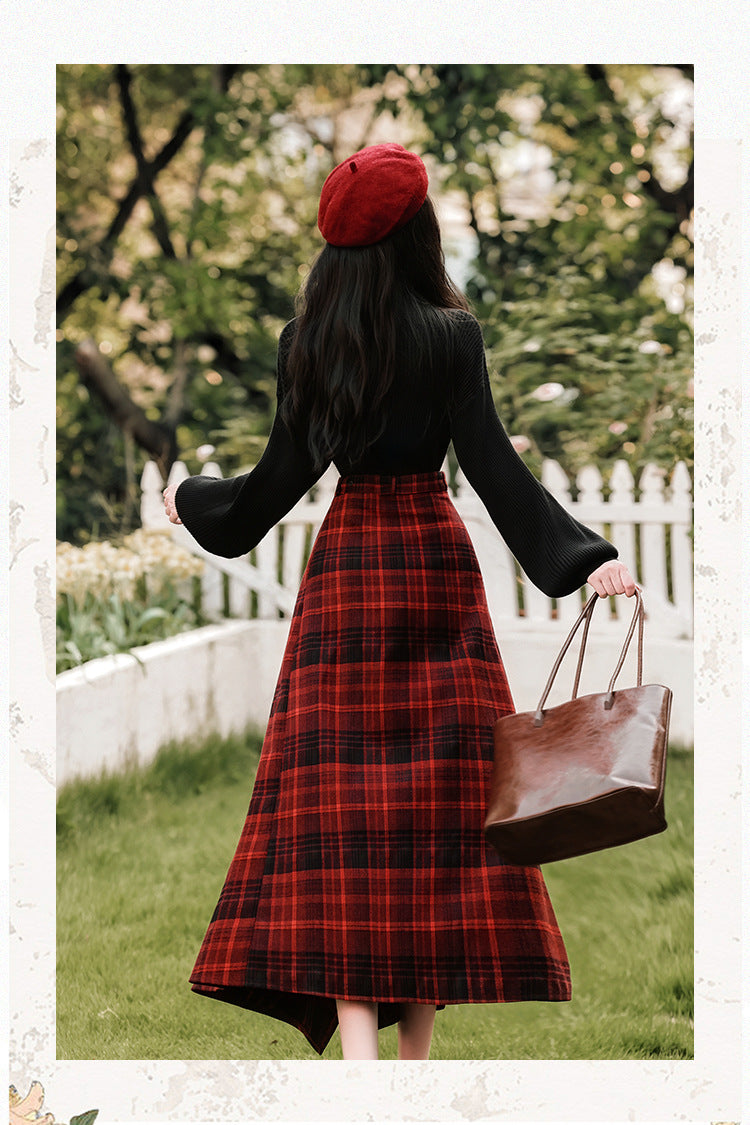 Dark Academia Knit top & Plaid Skirt Set