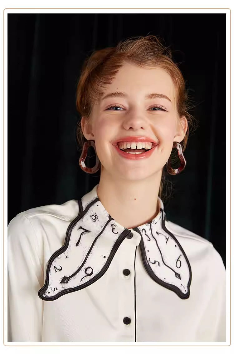 Retro Clock Print Collar Shirt