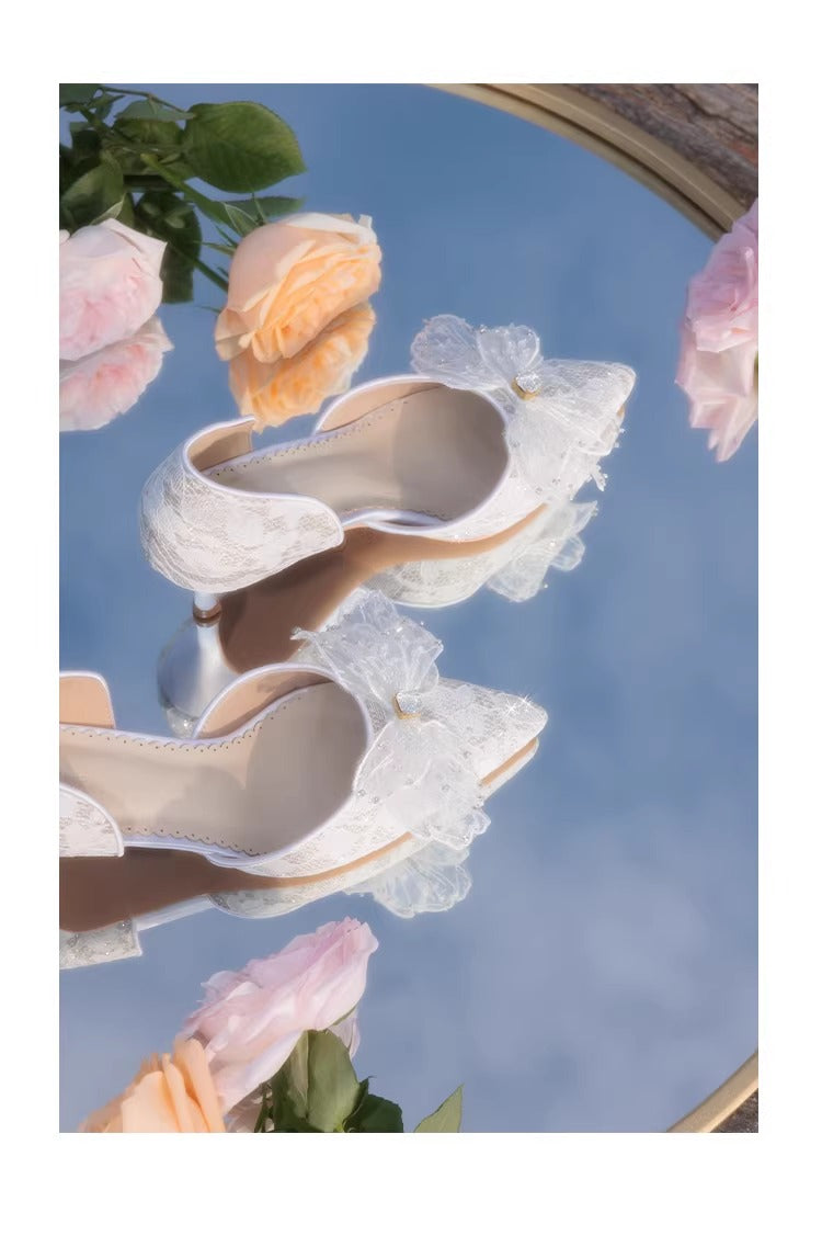 Dreamy Lace Bow Tie Pointed Toe Heels