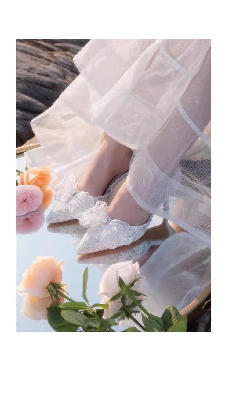 Dreamy Lace Bow Tie Pointed Toe Heels
