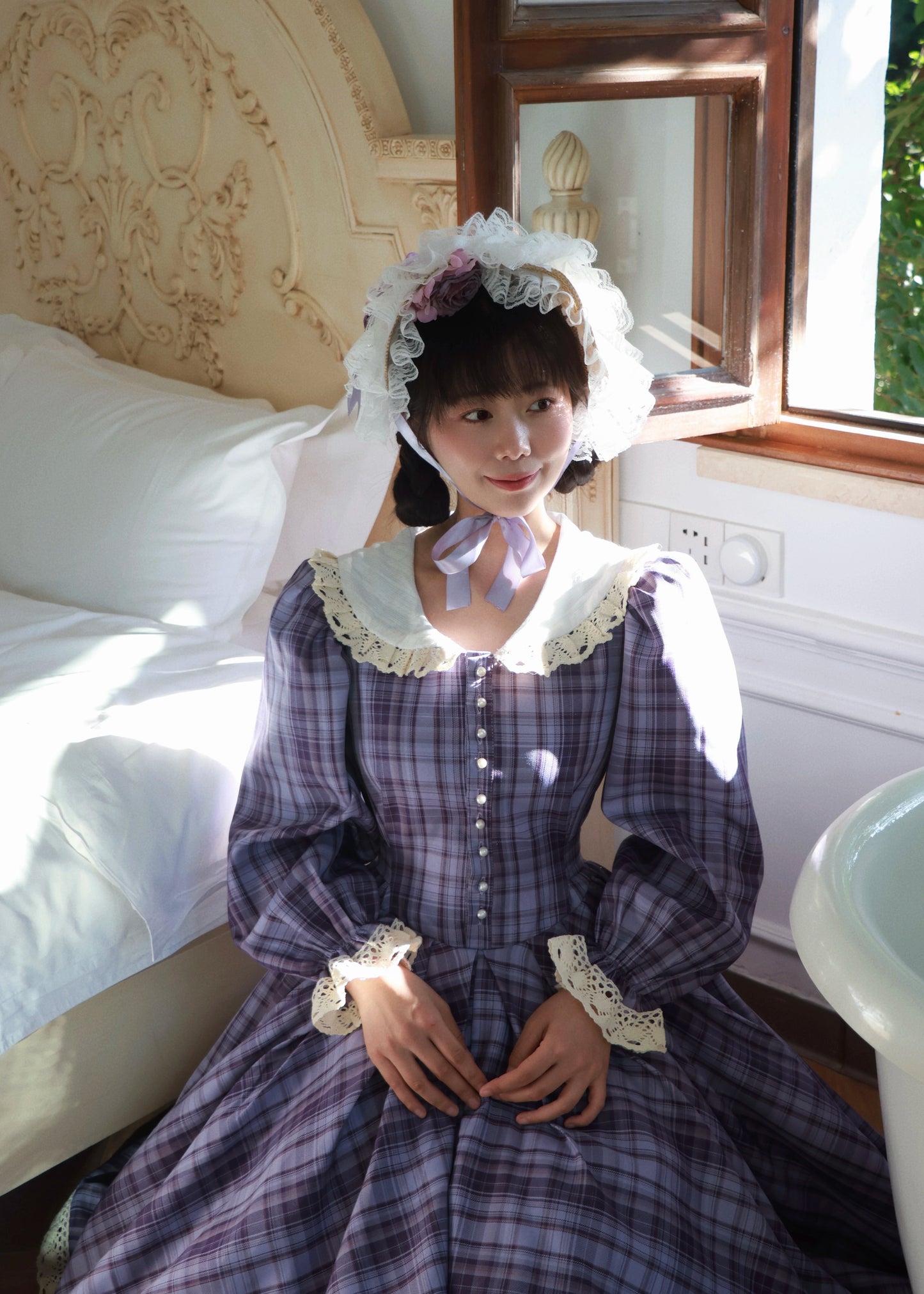 1970s Tartan Puff Sleeves Picnic Dress （Customizable）